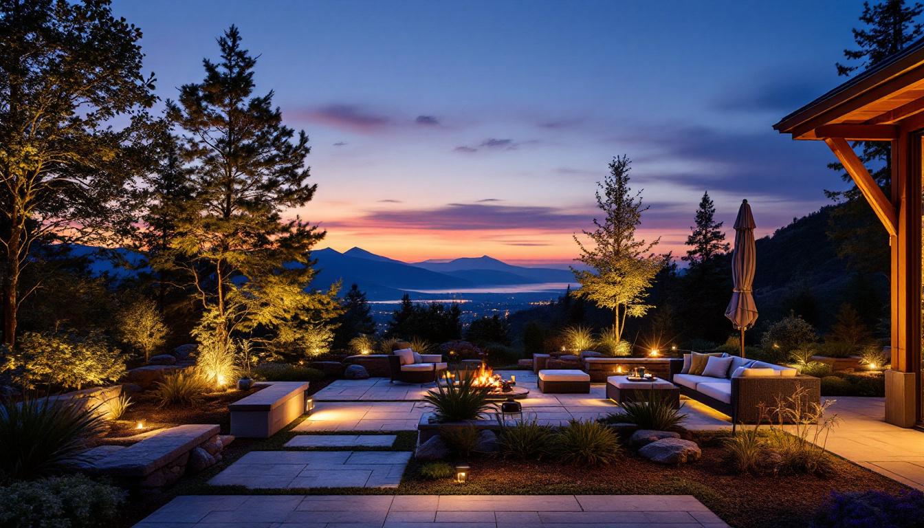 A photograph of a beautifully illuminated outdoor space showcasing various landscape accent lighting techniques