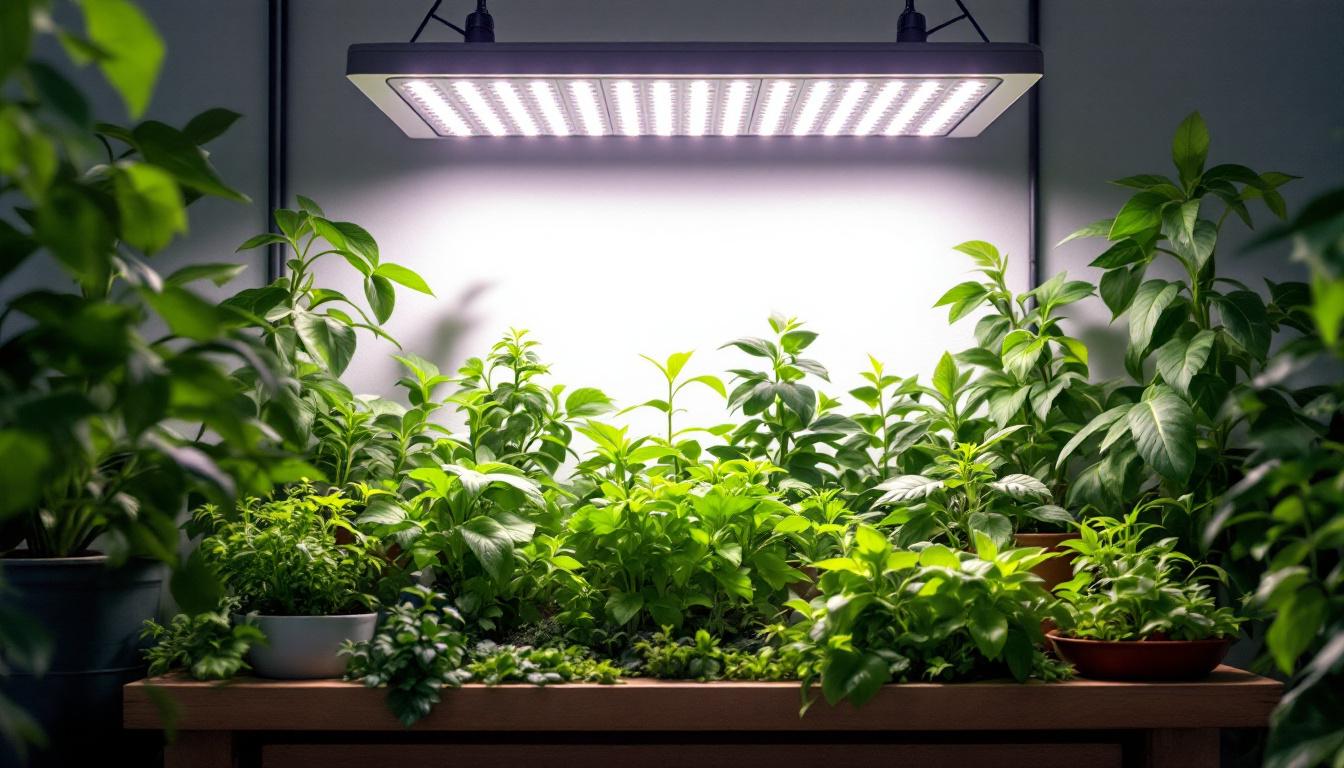 A photograph of a vibrant indoor garden illuminated by 1000 watts grow lights