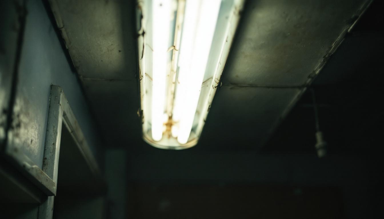 A photograph of an old fluorescent light fixture in a dimly lit room