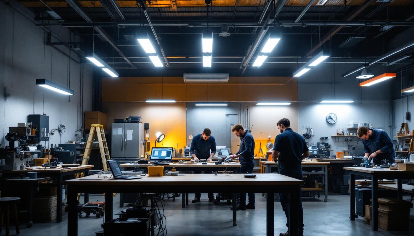 A photograph of a well-lit workshop or garage setting featuring various 4-foot led shop lights in use
