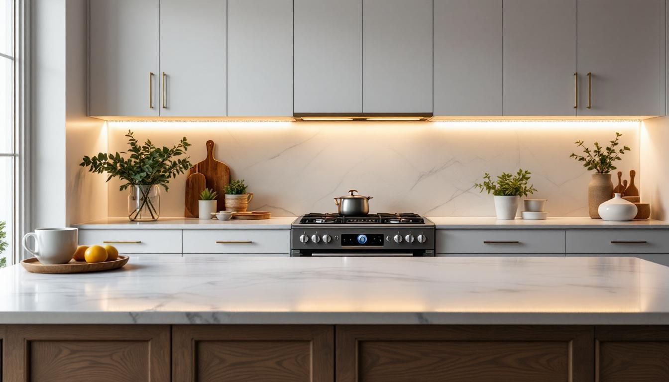 A photograph of a beautifully designed kitchen featuring round under cabinet lighting