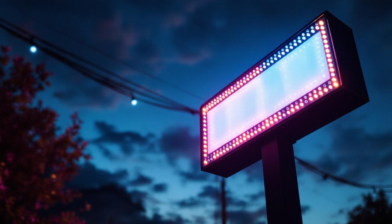 A photograph of a vibrant exterior led sign illuminated at dusk