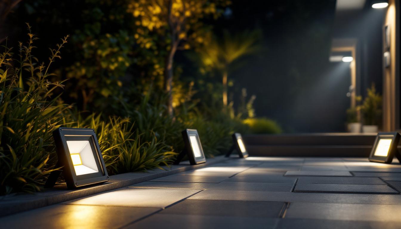 A photograph of a well-lit outdoor space showcasing various led flood lights illuminating a garden or patio area