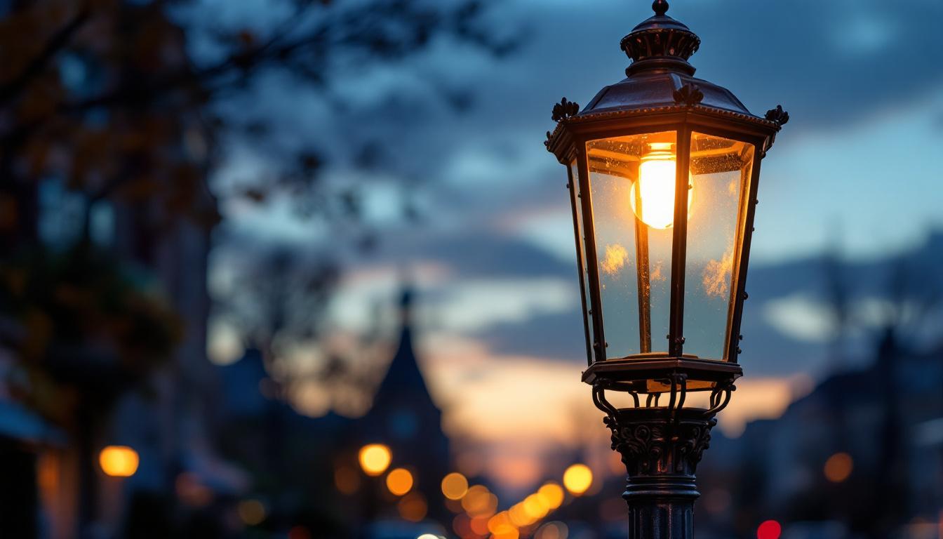 A photograph of a beautifully designed copper lamp post illuminated at dusk