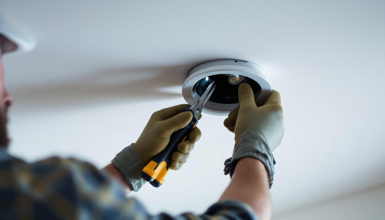 A photograph of a close-up shot of a professional electrician carefully removing recessed lighting fixtures from a ceiling