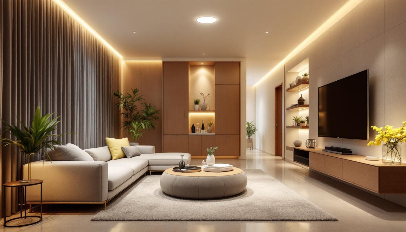 A photograph of a beautifully designed interior space showcasing shallow recessed pot lights in various settings