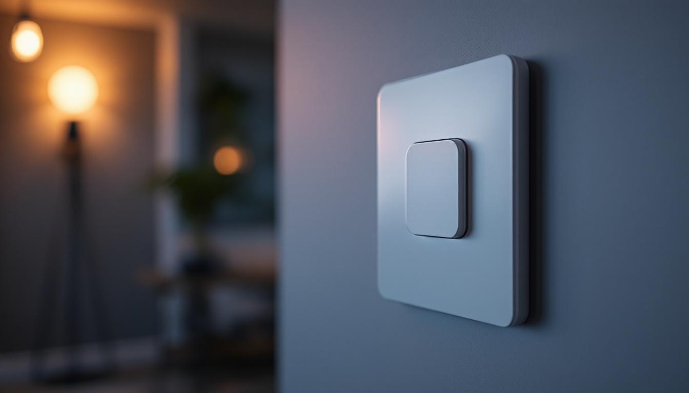 A photograph of a close-up of a modern pushbutton light switch in an aesthetically pleasing interior setting