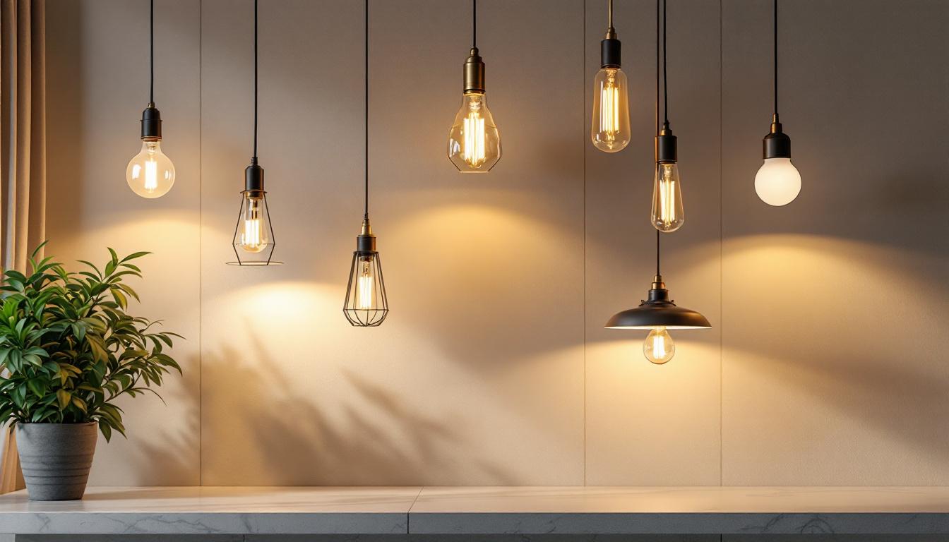 A photograph of a well-lit interior space showcasing a variety of stylish light fixtures