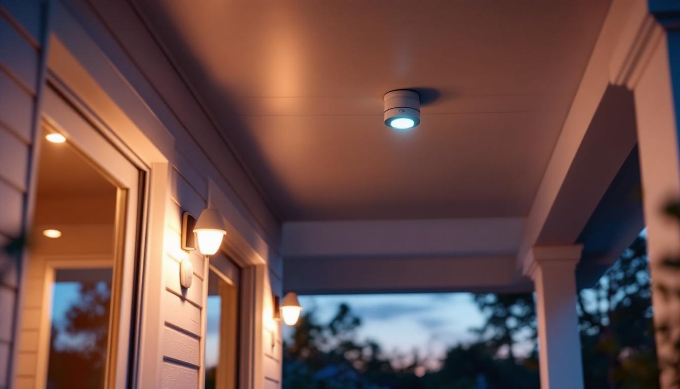 A photograph of a stylish porch featuring modern ceiling lights with motion sensors activated