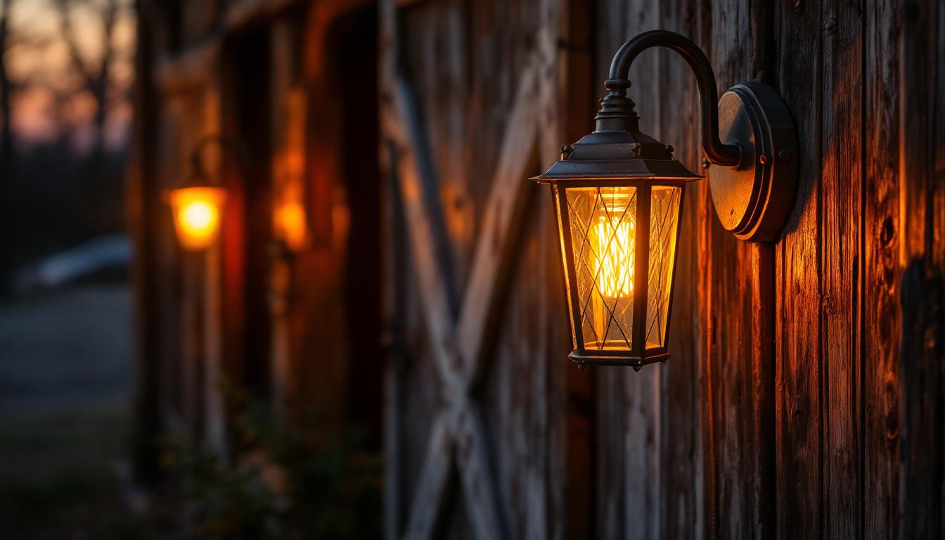 A photograph of an antique exterior barn light illuminated against a rustic barn backdrop during the golden hour