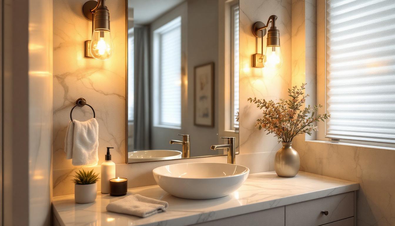 A photograph of a beautifully designed bathroom or vanity area illuminated by soft