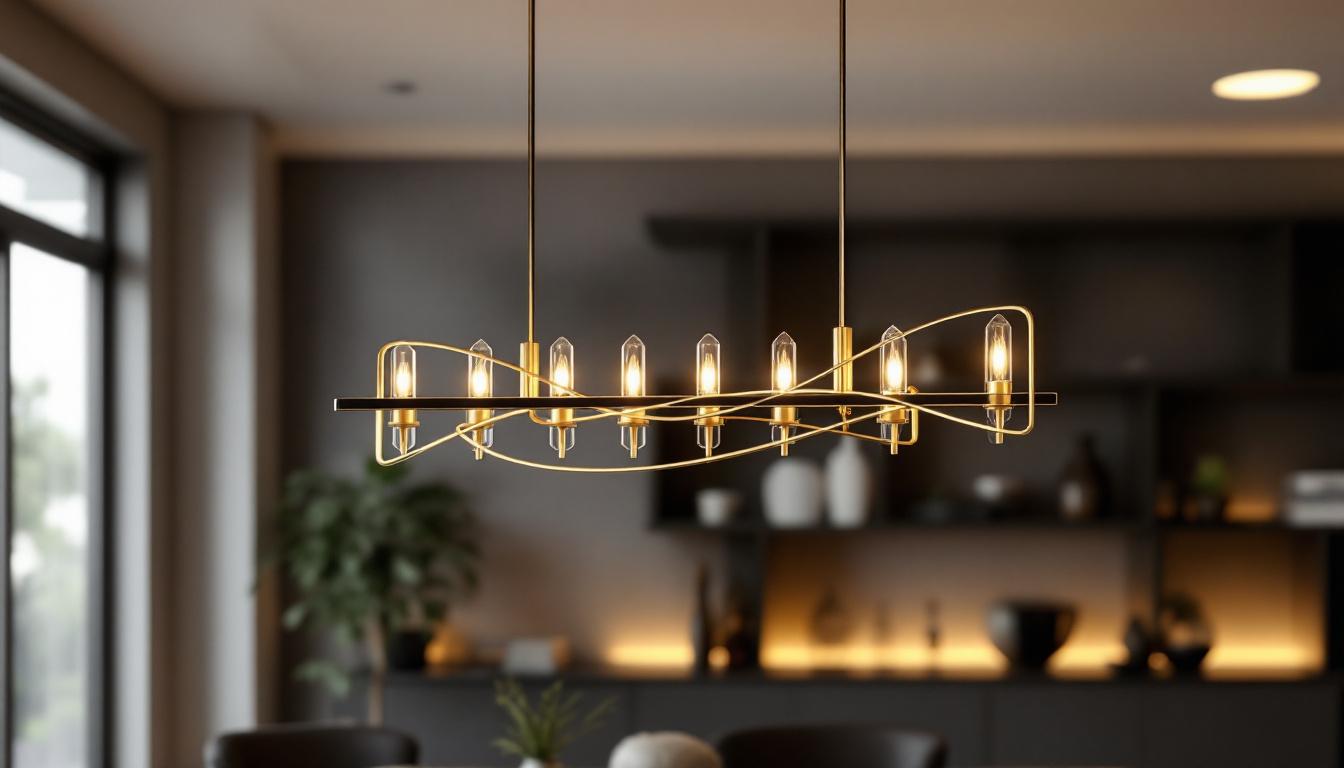 A photograph of a stylish black and brass linear chandelier elegantly suspended in a modern living space
