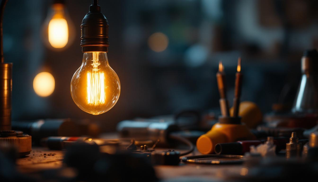 A photograph of a close-up of an edison-style light bulb glowing warmly in a dimly lit setting
