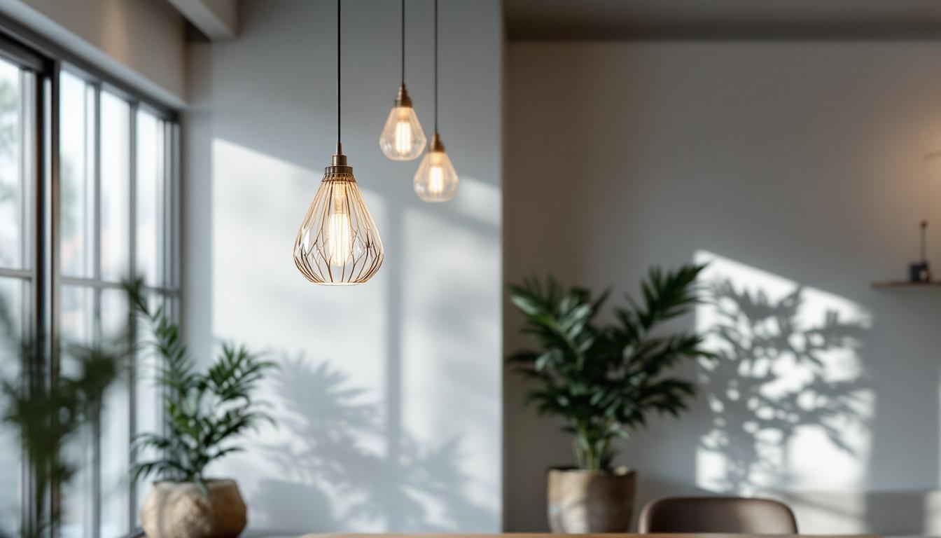 A photograph of a beautifully designed suspension lighting fixture in a modern interior space