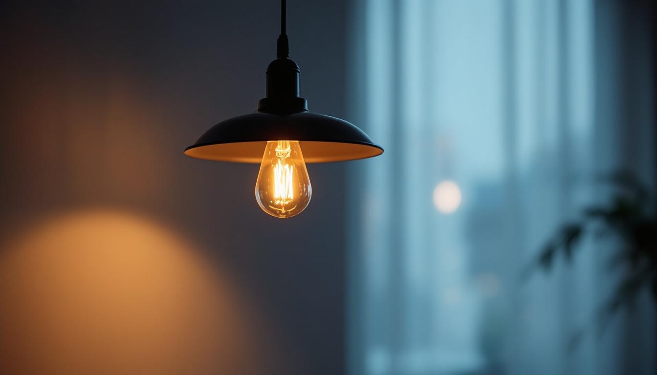 A photograph of a stylish pendant light fixture illuminated by a warm led bulb