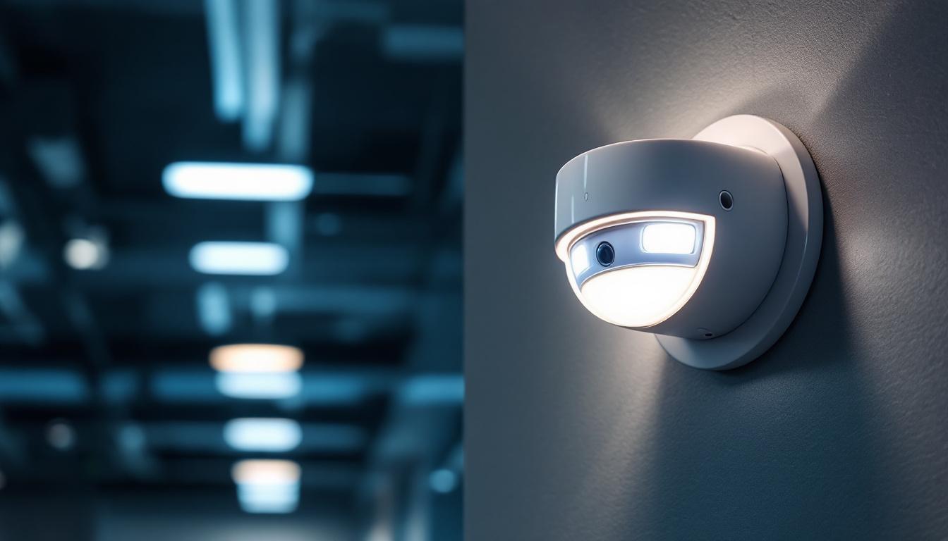 A photograph of a commercial motion detector installed in a modern lighting environment