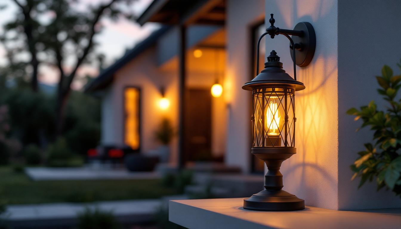 A photograph of a beautifully illuminated exterior house lantern in a cozy outdoor setting