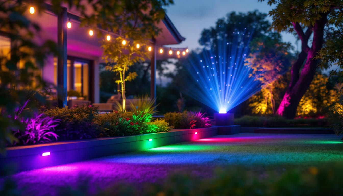 A photograph of a beautifully lit outdoor space featuring color-changing led flood lights in action
