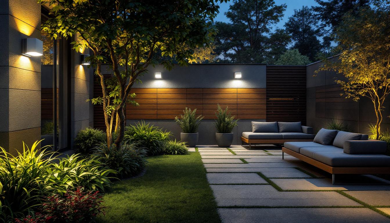 A photograph of capture a photograph of a well-lit outdoor space showcasing rab motion detector flood lights in action