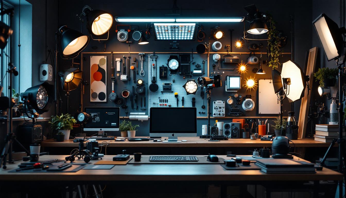 A photograph of a well-organized workspace featuring an array of diverse lighting fixtures and accessories