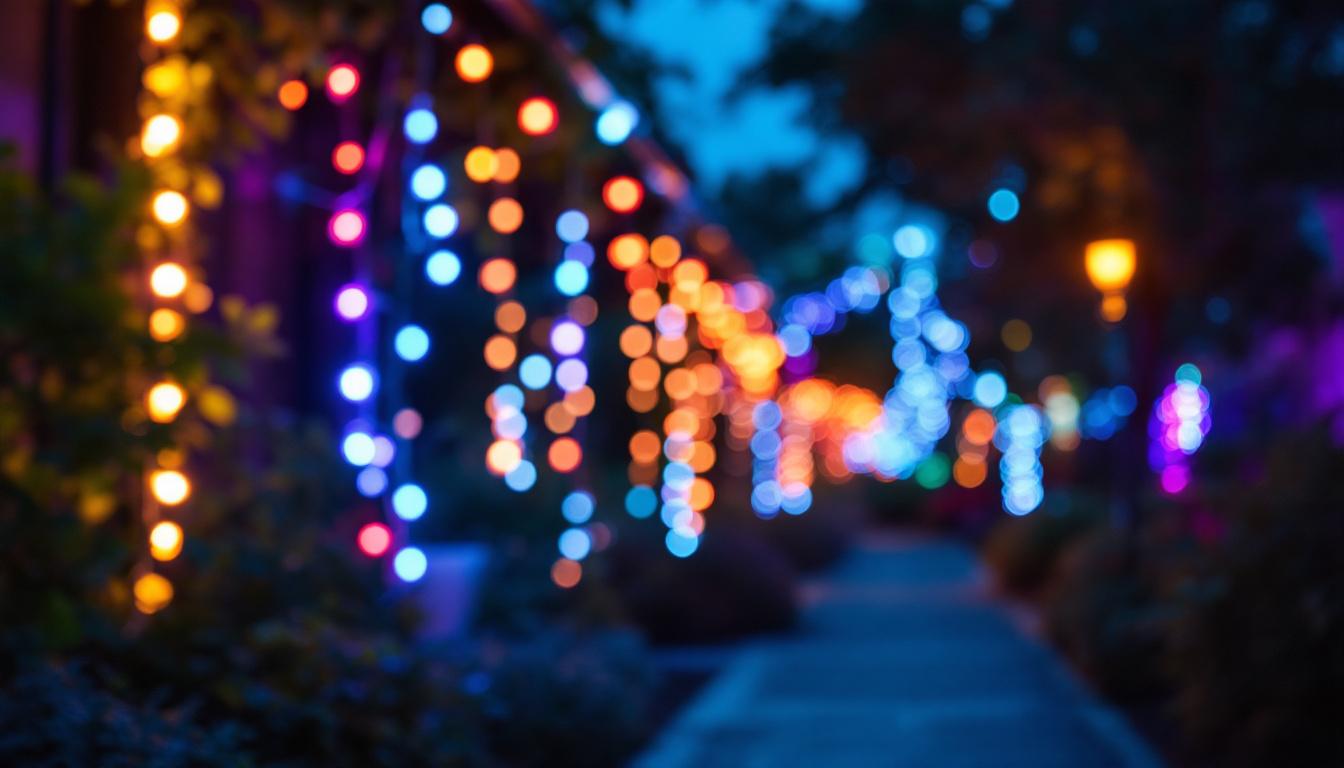 A photograph of a vibrant outdoor scene illuminated by led light strips