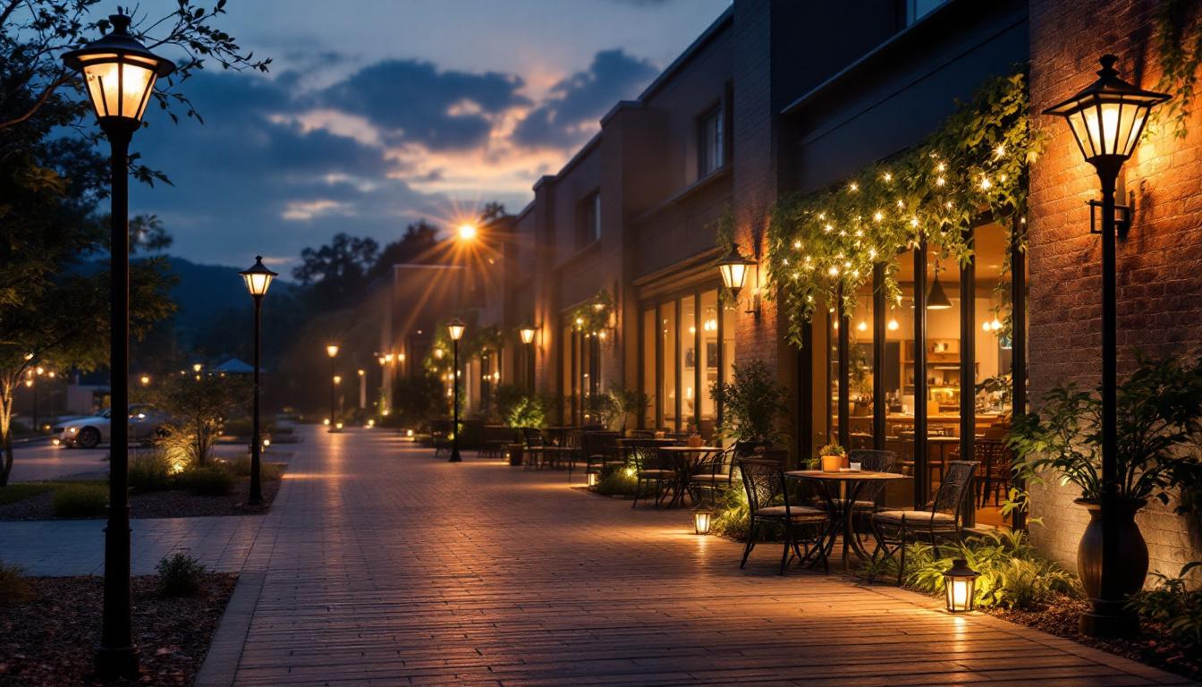 A photograph of a beautifully illuminated outdoor commercial space at dusk