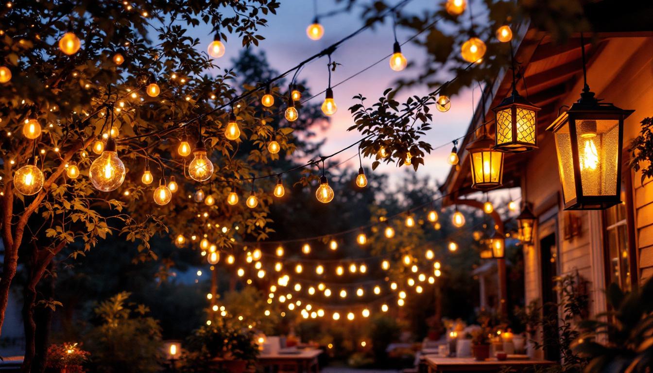 A photograph of a beautifully illuminated outdoor space featuring a variety of hanging lighting options