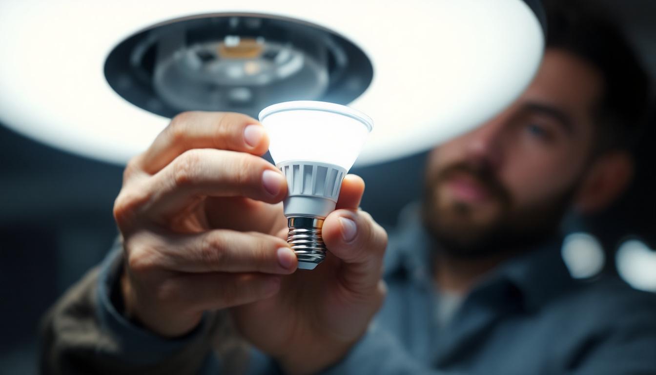 A photograph of a close-up of an mr16 led light bulb being installed in a modern fixture