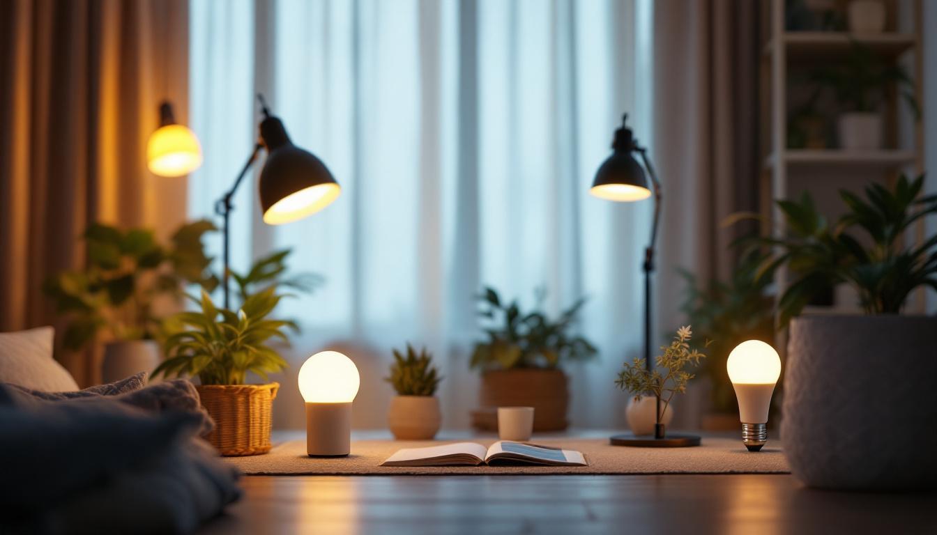 A photograph of a well-lit interior space showcasing various energy-efficient lamps in use