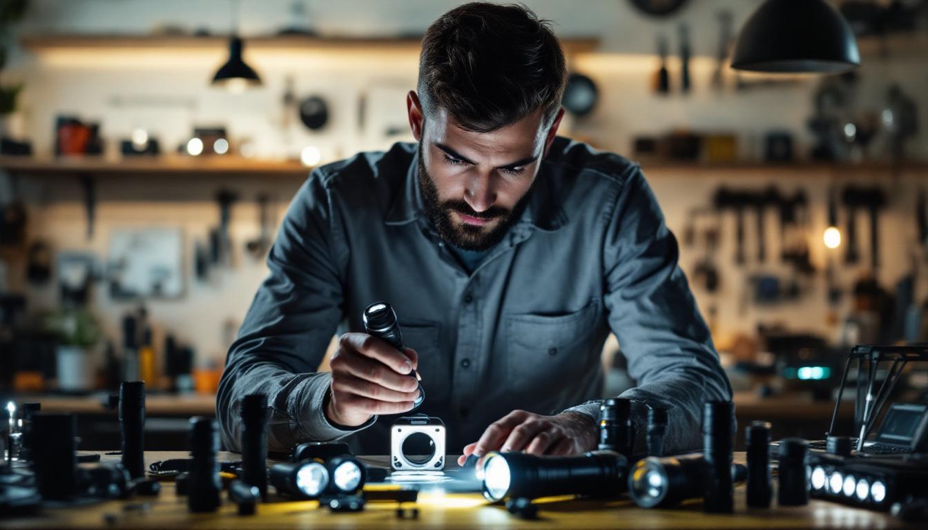A photograph of a well-lit workspace featuring an electrical engineer examining various flashlight designs and lighting prototypes