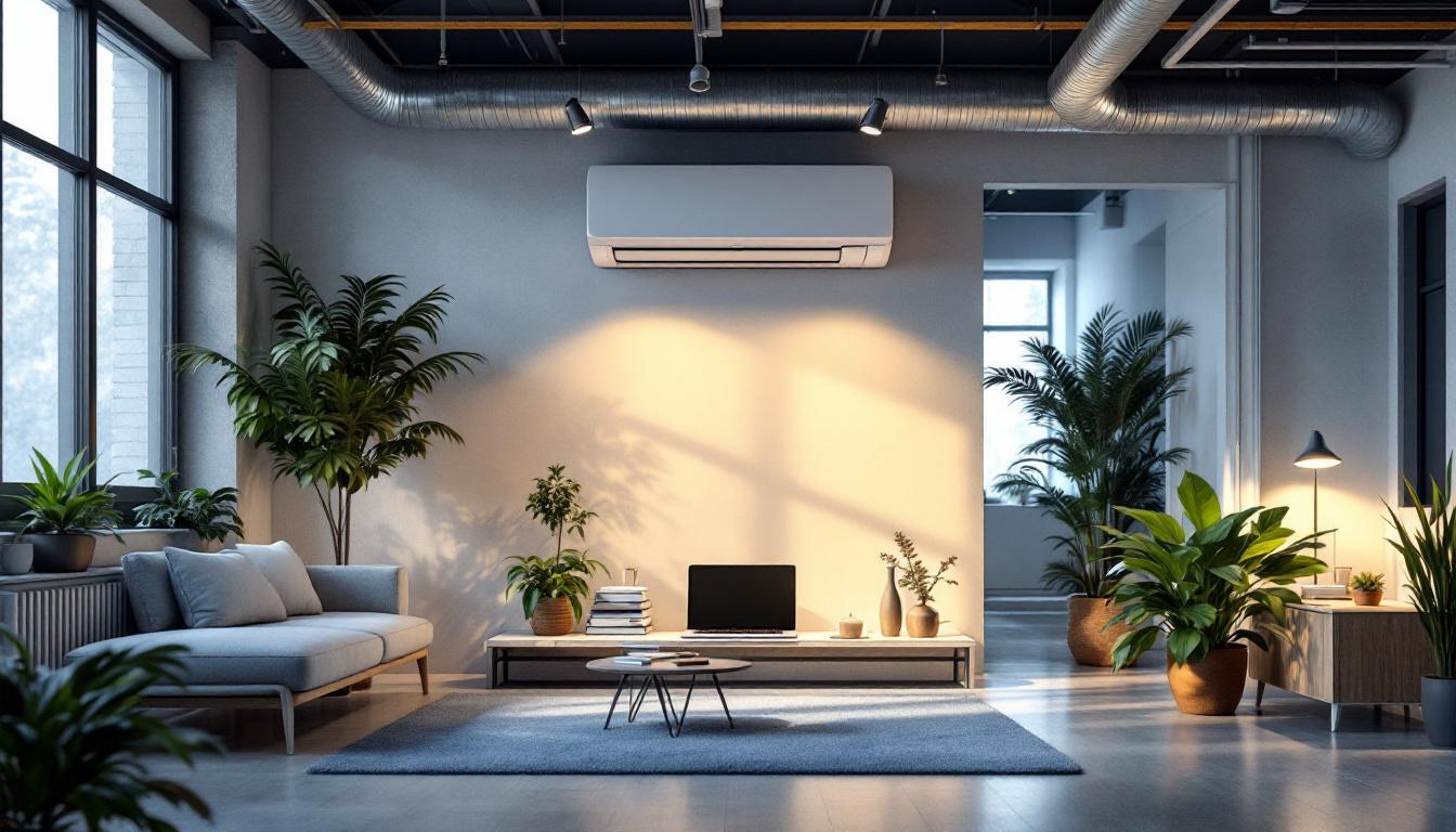 A photograph of a modern workspace featuring a well-designed electronic ac system integrated with energy-efficient lighting solutions