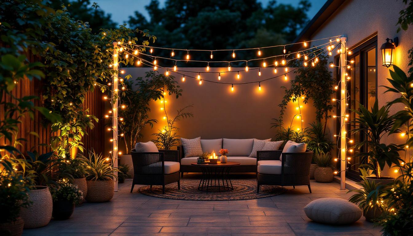 A photograph of a beautifully illuminated outdoor patio scene featuring led string lights draped elegantly across furniture and plants