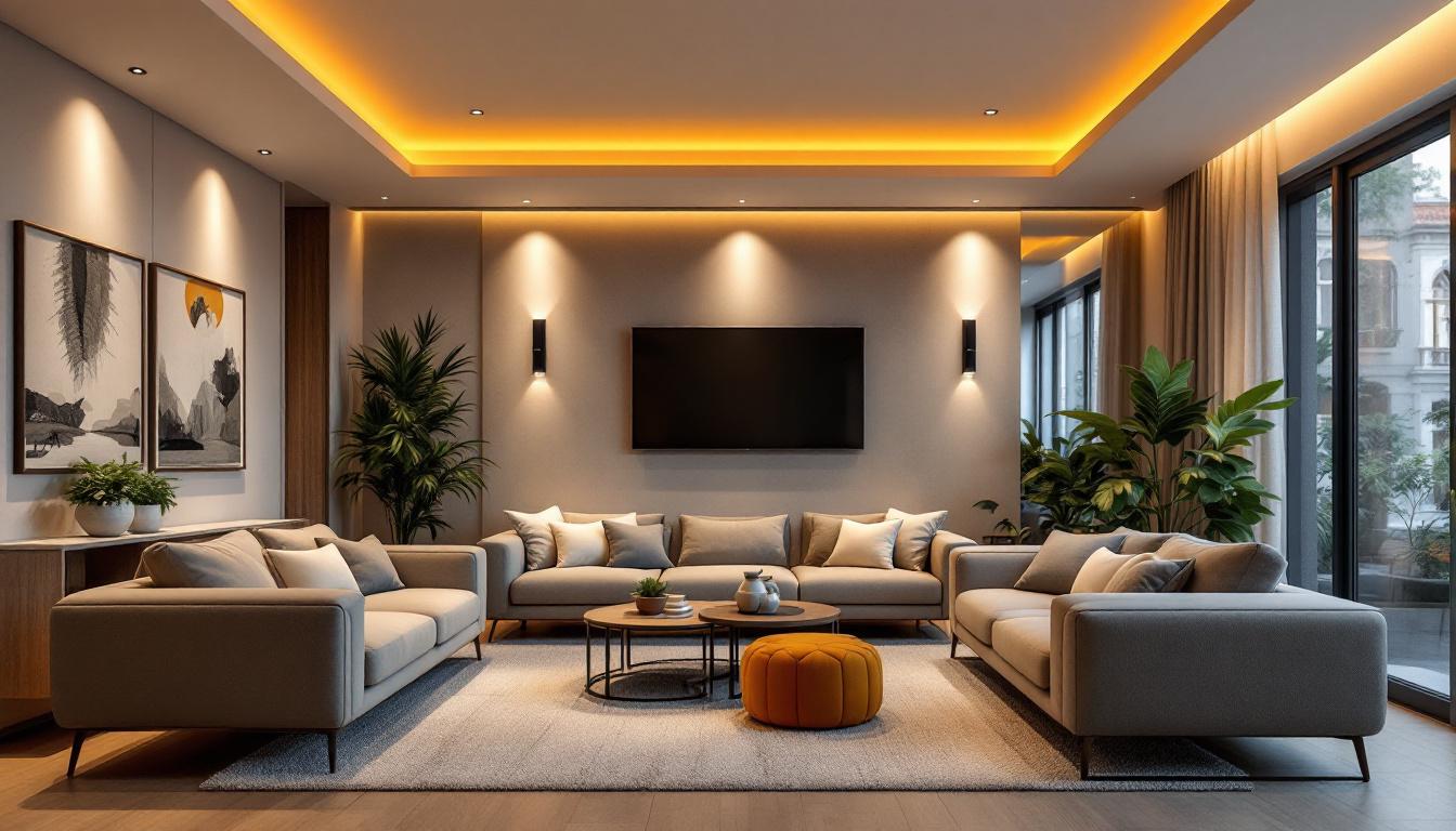 A photograph of a modern living space featuring a mix of 6 and 4 recessed lights