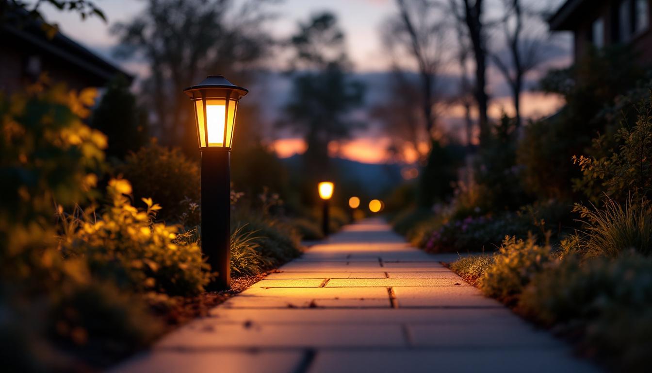A photograph of a dusk-to-dawn light illuminating a pathway or outdoor space at twilight