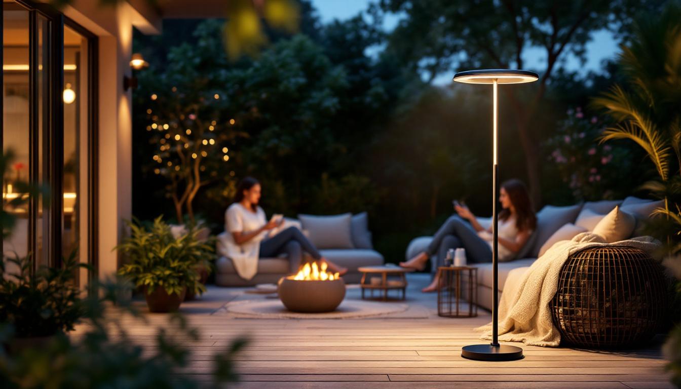 A photograph of a stylish solar floor lamp illuminating a cozy outdoor space at dusk