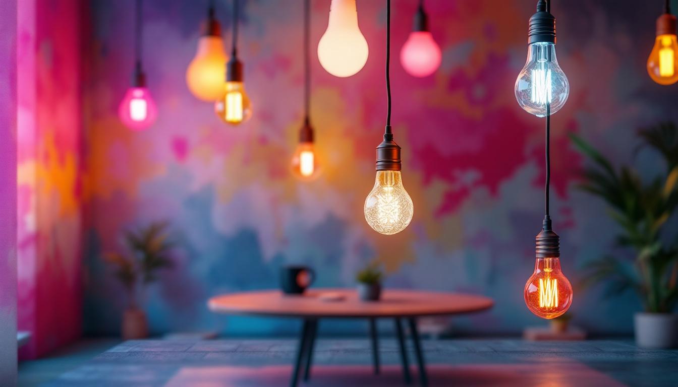 A photograph of a vibrant and modern interior space showcasing innovative rubber light bulbs in various designs