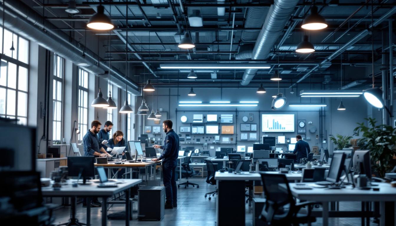A photograph of a well-designed industrial workspace showcasing various types of lighting solutions