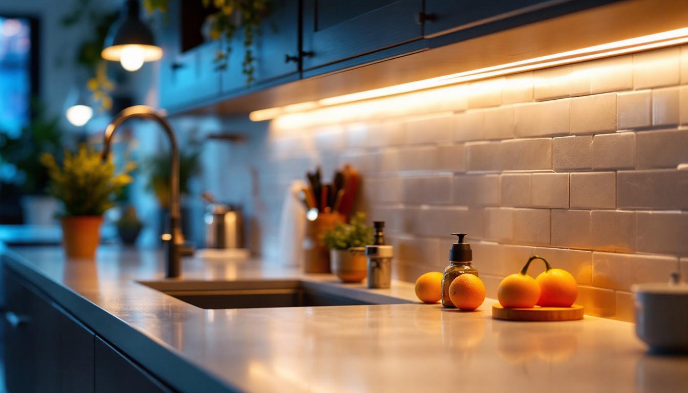 A photograph of a beautifully illuminated kitchen or workspace featuring under counter strip lights