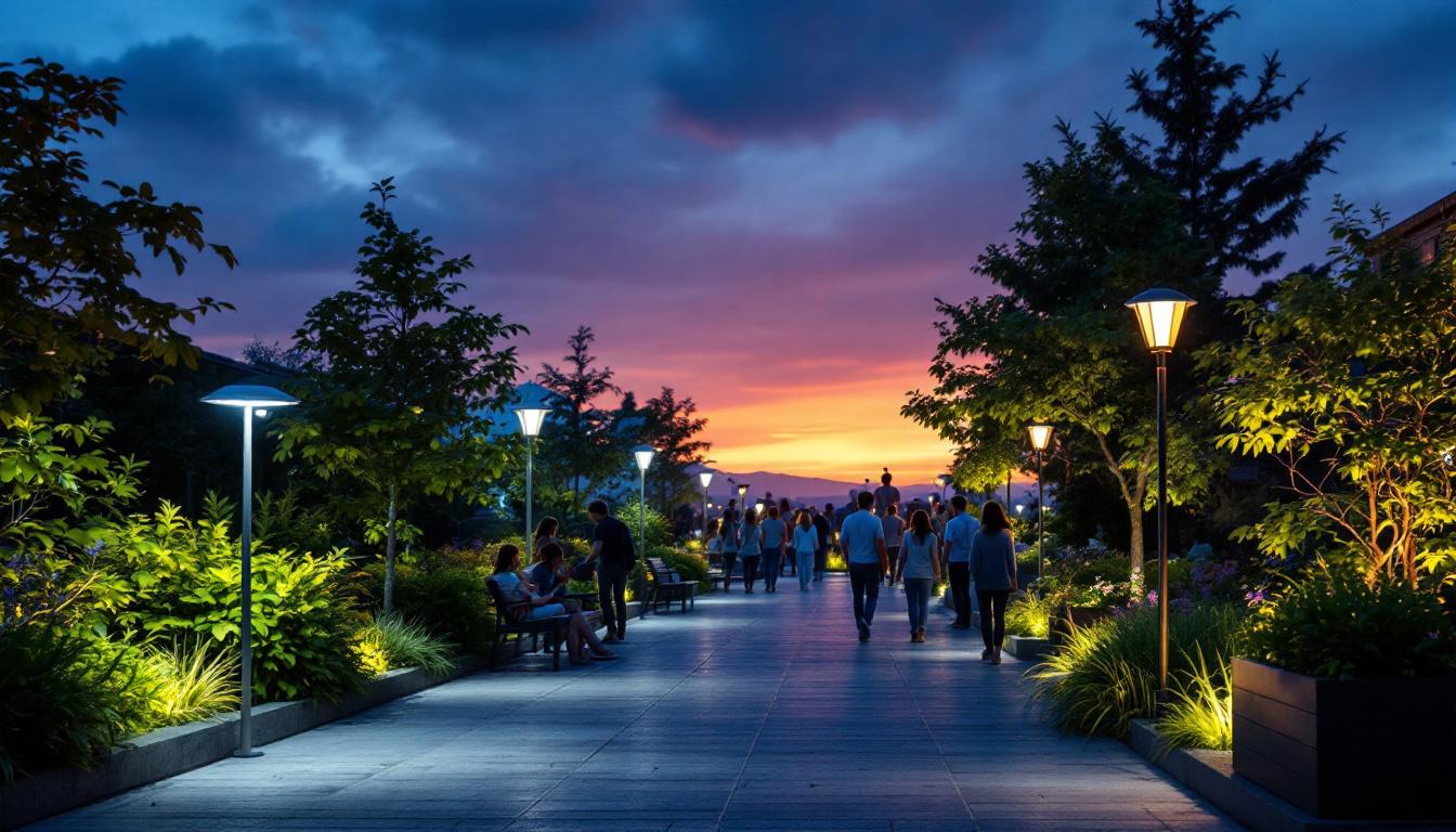 A photograph of a vibrant outdoor scene showcasing various solar lighting installations in action