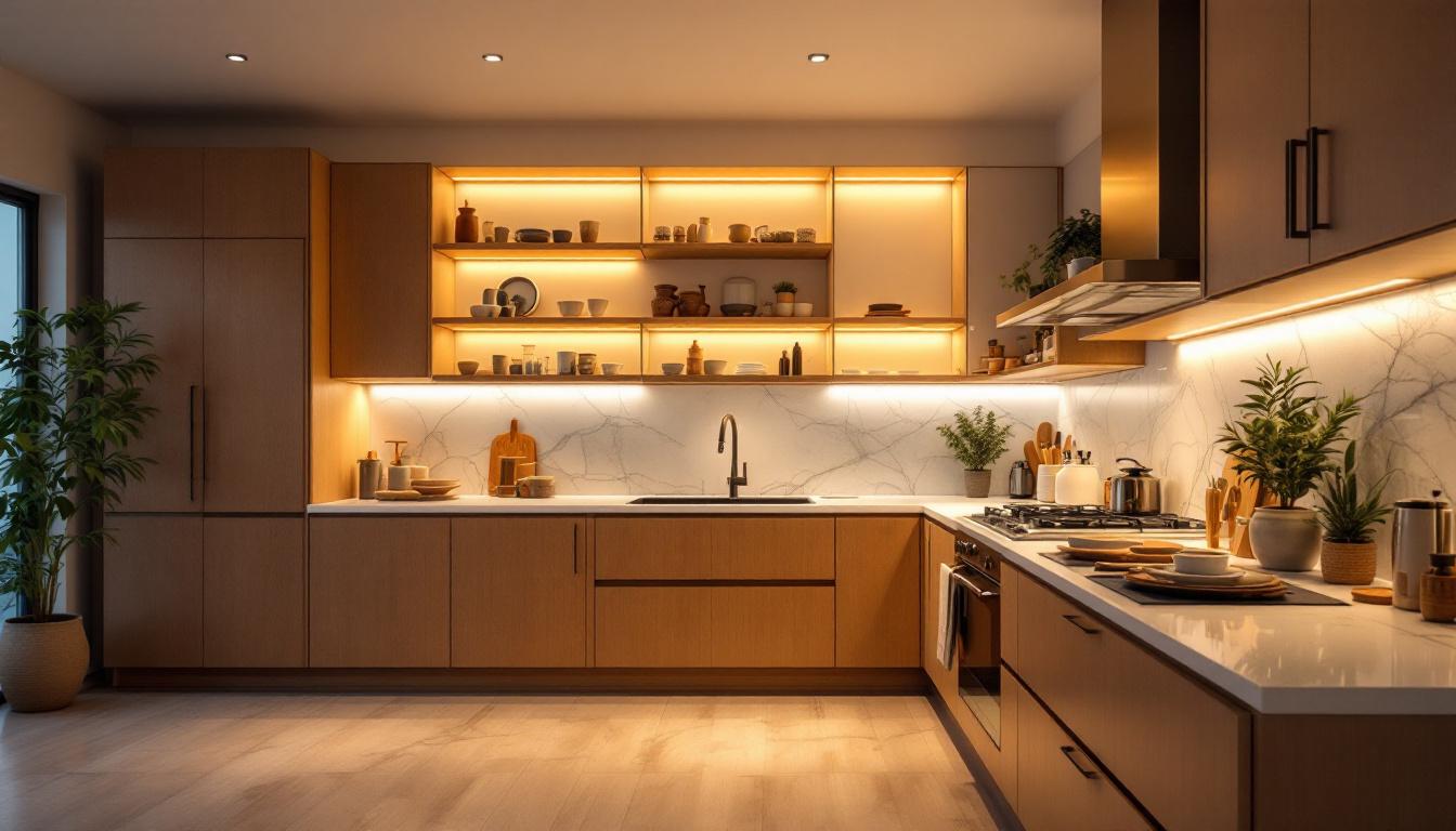 A photograph of a beautifully designed kitchen showcasing various cabinetry lighting options