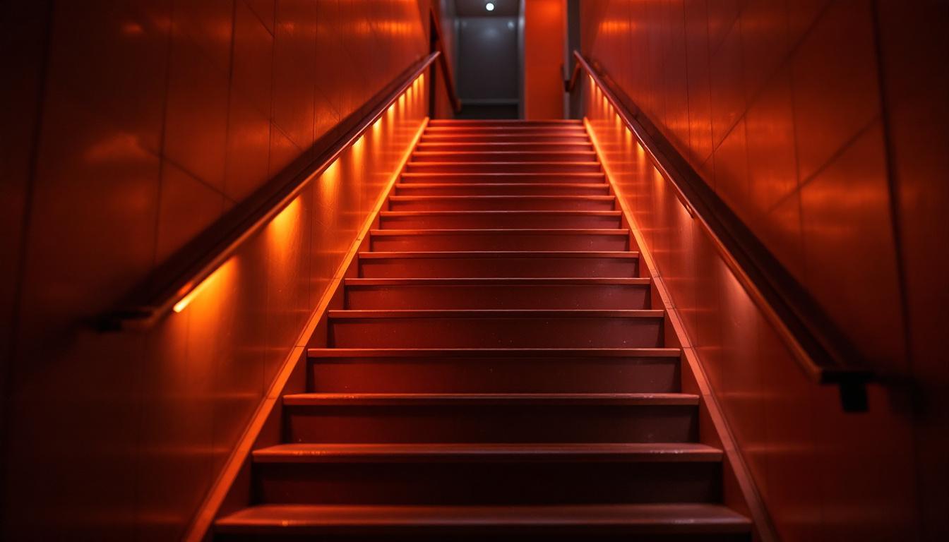 A photograph of a dimly lit stairwell illuminated by warm led lights