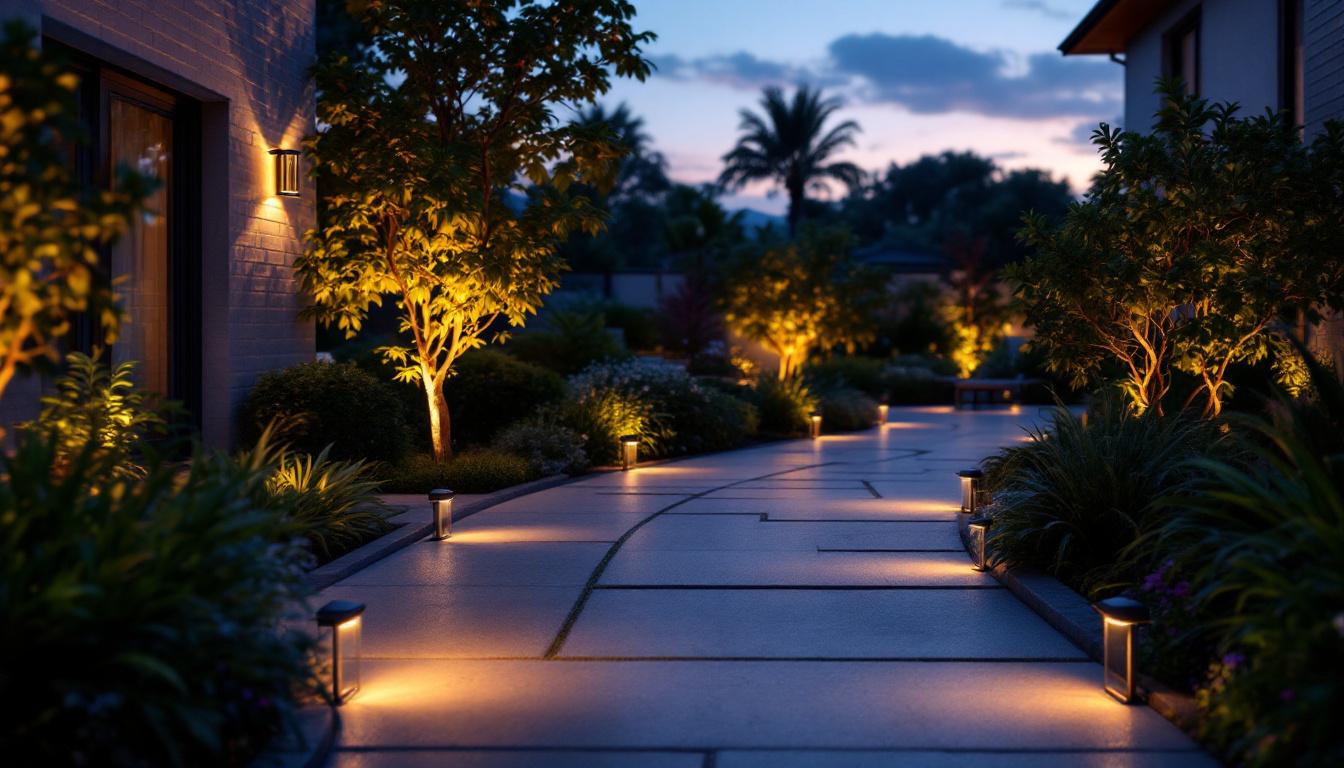 A photograph of a beautifully illuminated outdoor space featuring accent solar lighting