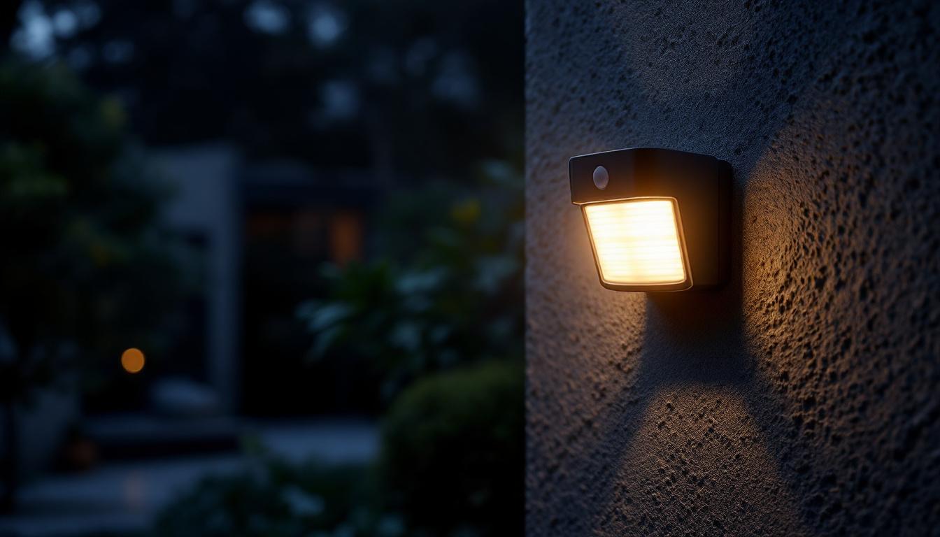 A photograph of a small motion sensor light installed outdoors in a dimly lit environment