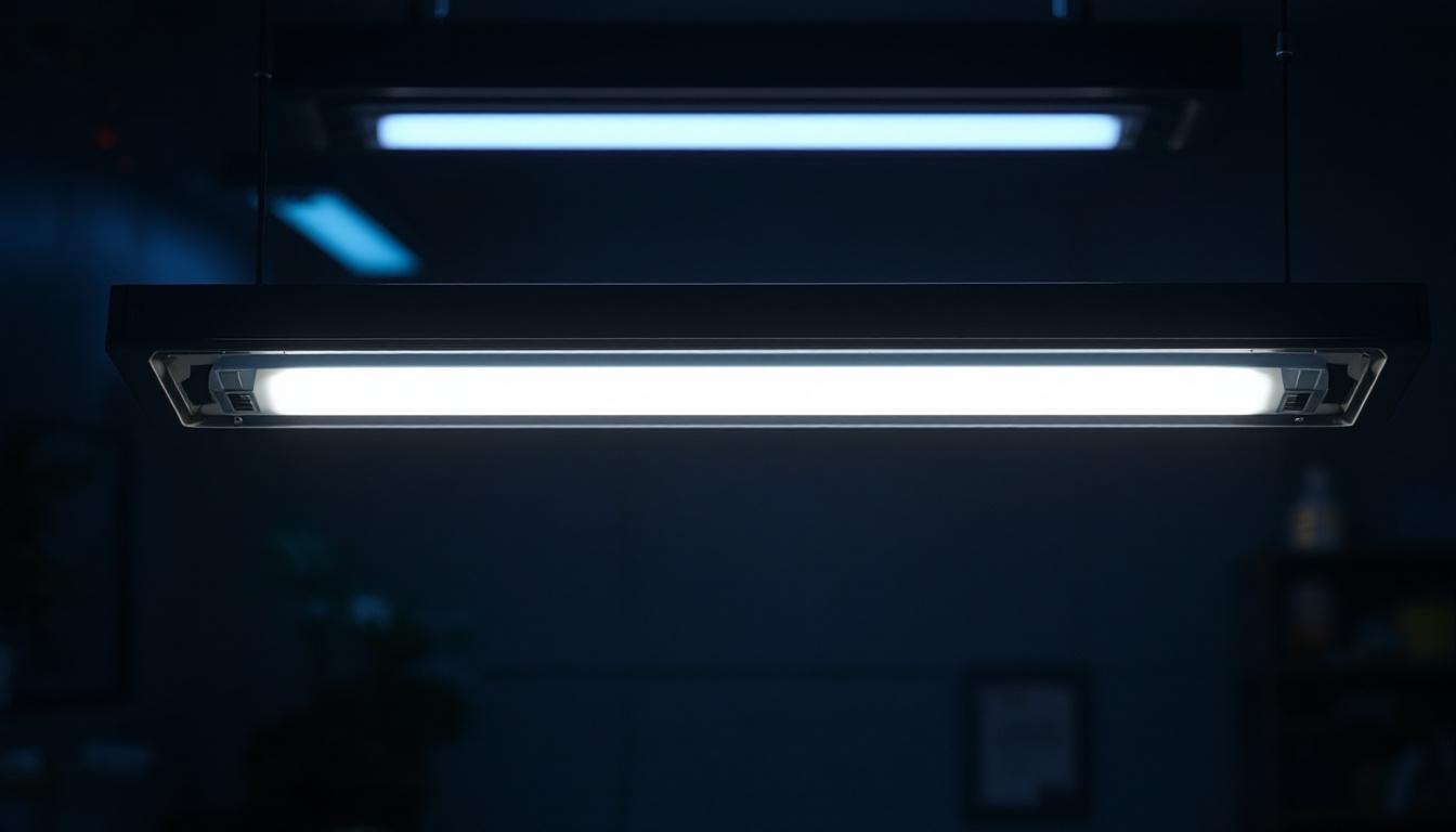 A photograph of a close-up of a blinking fluorescent lamp in a dimly lit environment