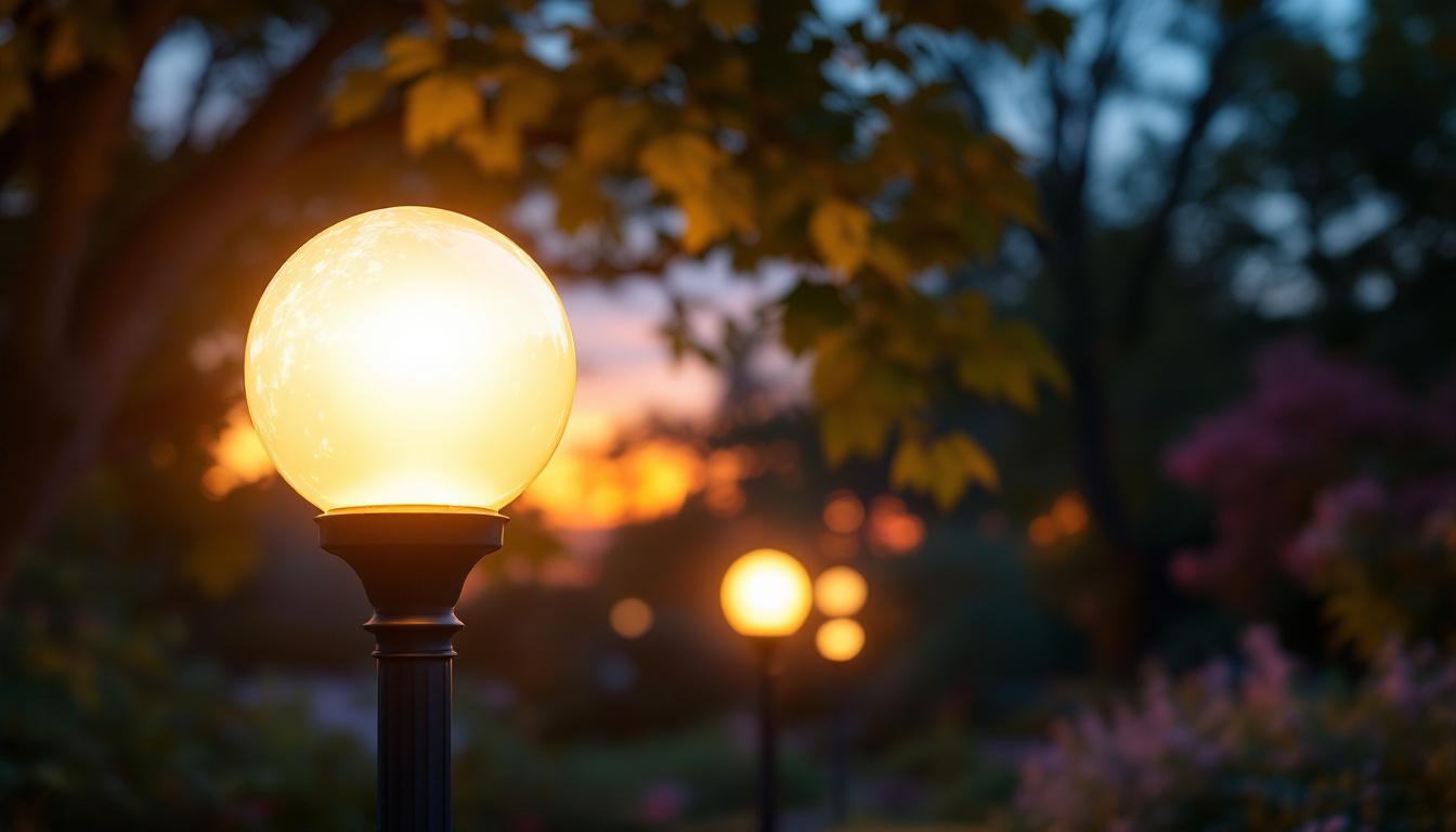 A photograph of a beautifully illuminated globe outdoor light post in a serene garden or park setting during twilight