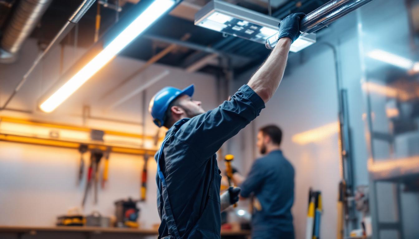 A photograph of a well-lit maintenance area showcasing a 2x4 fluorescent light fixture in use