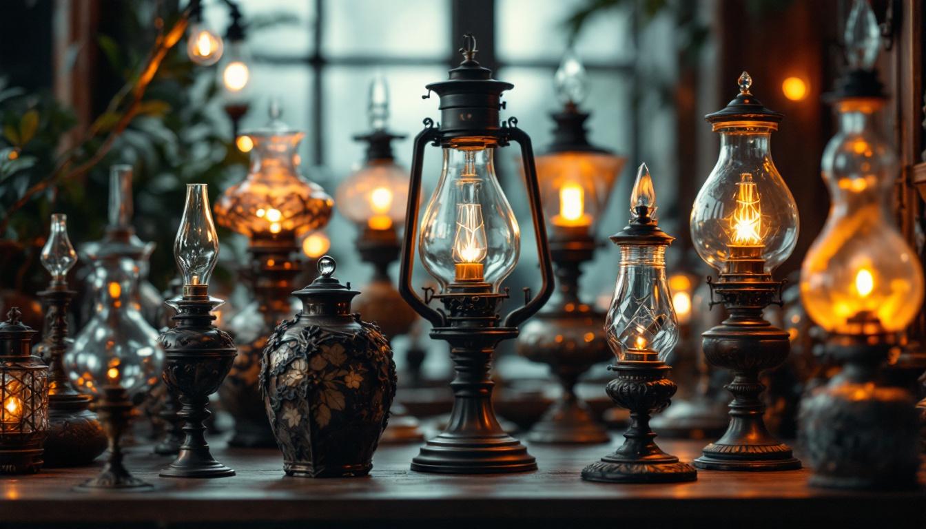 A photograph of an elegantly arranged display of various oil lamps from the 1800s