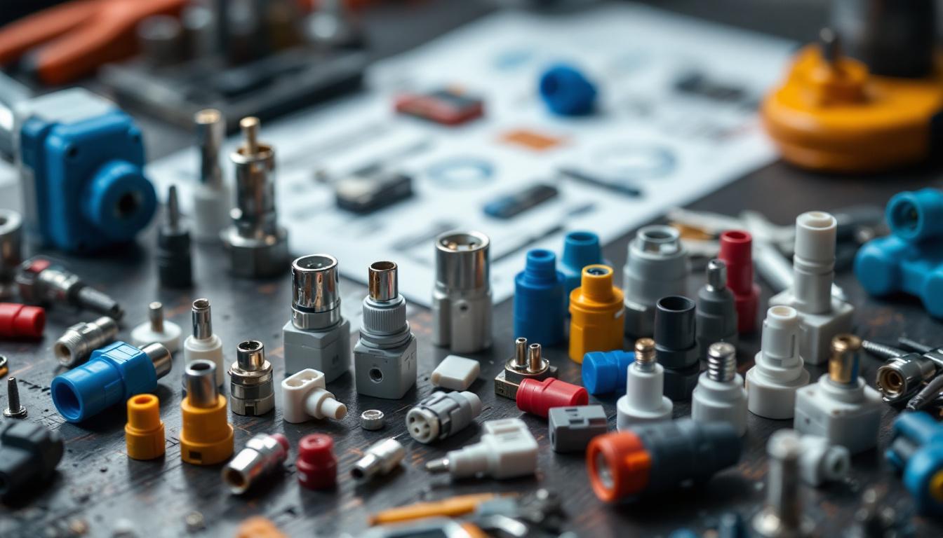 A photograph of a close-up of a diverse array of lock plugs and electrical connectors arranged on a workbench