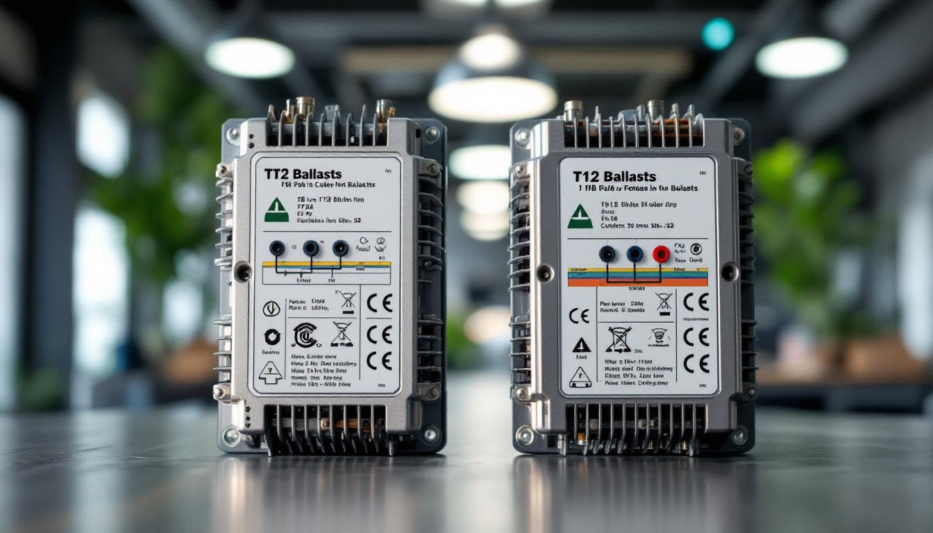 A photograph of a side-by-side comparison of t8 and t12 ballasts