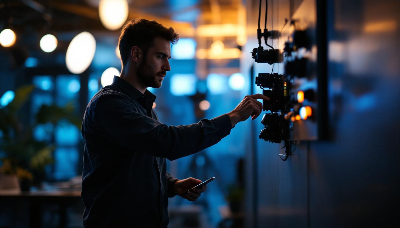 A photograph of a lighting engineer adjusting a motion switch in a well-lit environment